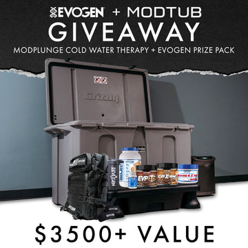 Evogen & Modtub promotional giveaway ad of evogen products and a modpluge cold water therapy system