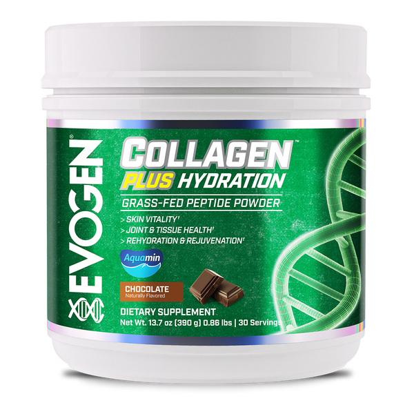 Evogen | Collagen Plus Hydration | Grass-Fed Peptide Powder | Chocolate Flavor | Front image Bottle