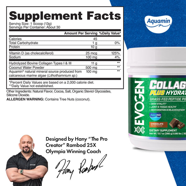 Evogen | Collagen Plus Hydration | Grass-Fed Peptide Powder | Chocolate Flavor | Supplement Facts Panel Image