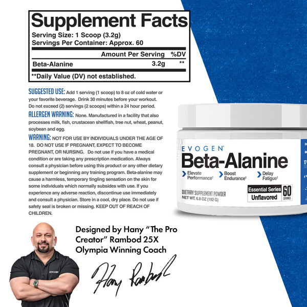 Evogen | Essential Series | Beta-Alanine Powder | Supplement Facts Panel Image