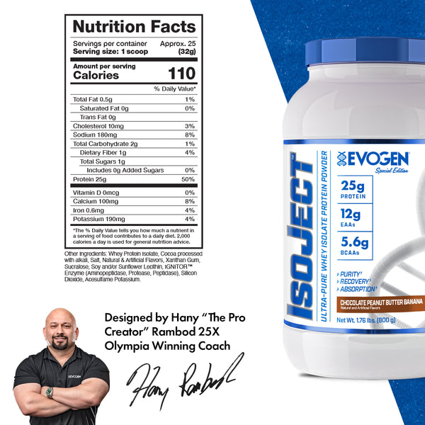 Evogen | IsoJect | Whey Isolate Protein Powder| NEW FLAVOR | Chocolate Peanut Butter Banana Flavor | 25 serve | Nutrition Facts Panel Image