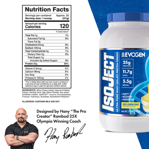 Evogen | IsoJect | Whey Isolate Protein Powder| New Flavor | Iced Lemon Cake Flavor | 25 serve | Nutrition Fact Panel Image