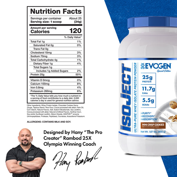 Evogen | IsoJect | Whey Isolate Protein Powder| New Flavor | Mini Crisp Cookies Flavor | 25 serve |Nutrition Fact Panel Image