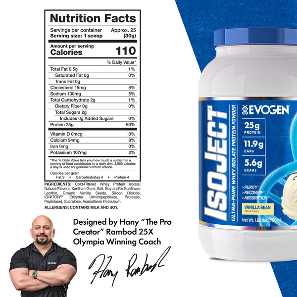 Evogen | IsoJect | Whey Isolate Protein Powder| Vanilla Bean Flavor | 25 serve | Nutrition Fact Panel Display Image