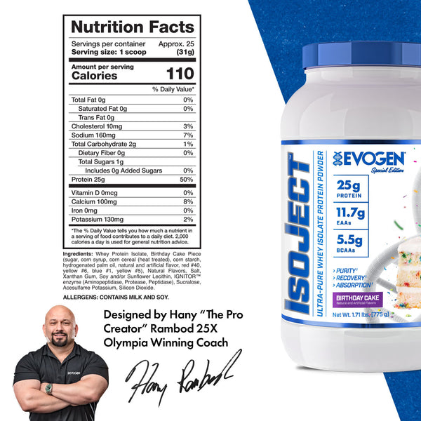 Evogen | IsoJect | Whey Isolate Protein Powder| Birthday Cake Flavor | Nutrition Facts Panel Image