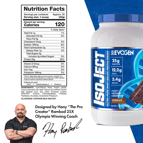 Evogen | IsoJect | Whey Isolate Protein Powder| Chocolate Flavor | 25 serve | Nutrition Facts Panel Image