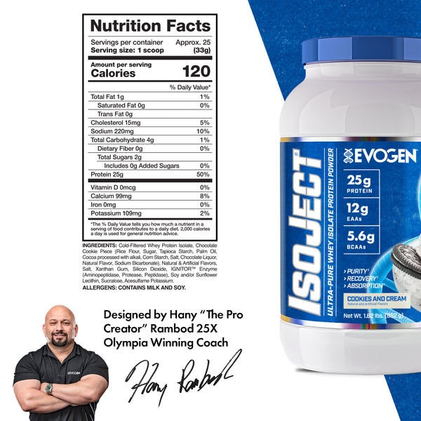 Evogen | IsoJect | Whey Isolate Protein Powder| Cookies and Cream Flavor | 25 serve | Nutrition Fact Panel Image