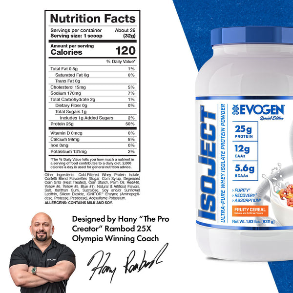 Evogen | IsoJect | Whey Isolate Protein Powder| Fruity Cereal Flavor | 26 serve | Nutrition Facts Panel Image