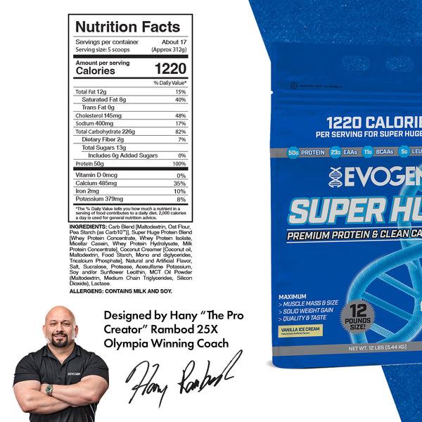 Evogen | Super Huge | Mass Gainer | Vanilla Ice Cream | Nutrition Facts Panel Image