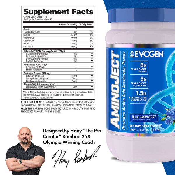 Evogen | AminoJect | Premium Amino Acid Accelerator Powder | Blue Raspberry Flavor | Supplement Facts Panel