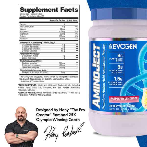 Evogen | AminoJect | Premium Amino Acid Accelerator Powder | Raspberry Lemonade Flavor | Supplement Facts Panel