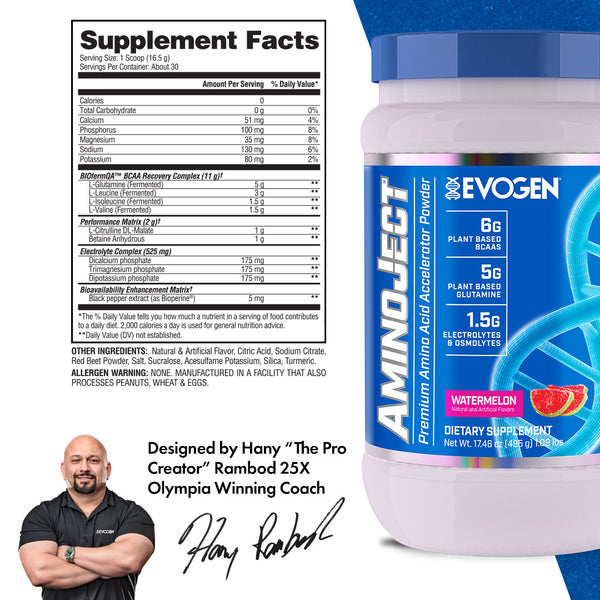 Evogen | AminoJect | Premium Amino Acid Accelerator Powder | Watermelon Flavor | Supplement Facts Panel