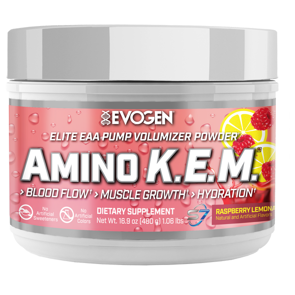 Evogen | Amino K.E.M. | Elite EAA Pump Volumizer Powder | Naturally Sweetened | Raspberry Lemonade Flavor | Front Image Bottle