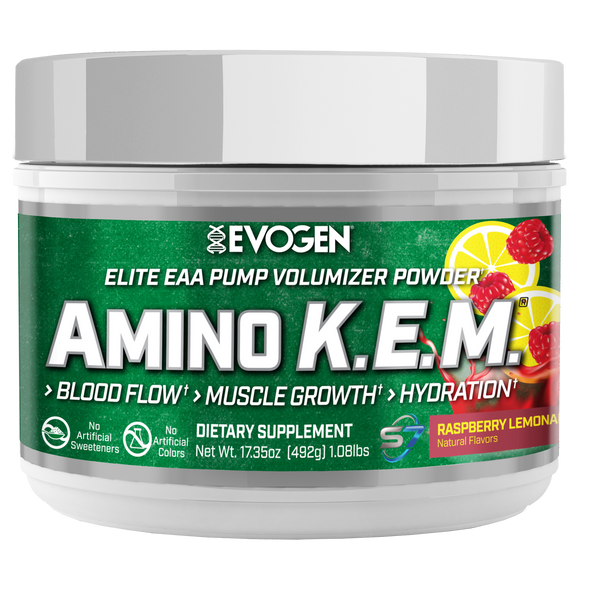 Evogen | Amino K.E.M. | Elite EAA Pump Volumizer Powder | Naturally Sweetened | Raspberry Lemonade Flavor | Front Image Bottle