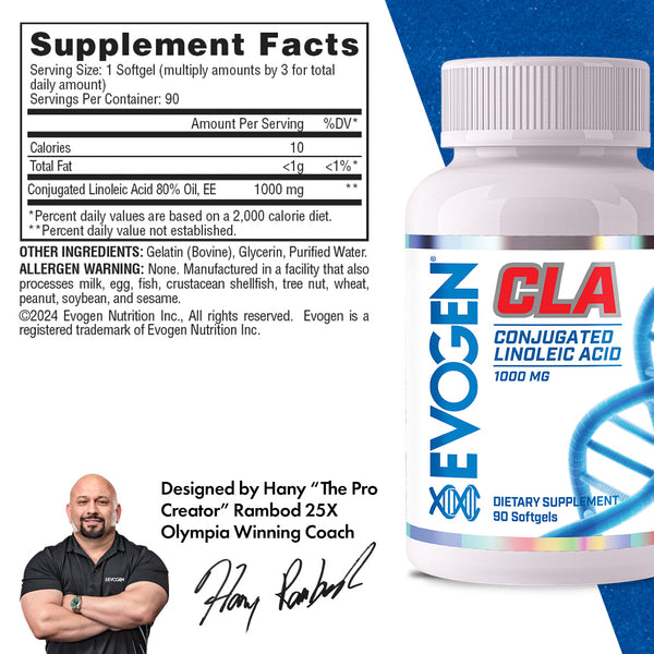 Evogen | CLA Conjugated Linoleic Acid | 90 Softgels | Supplement Facts Panel Image