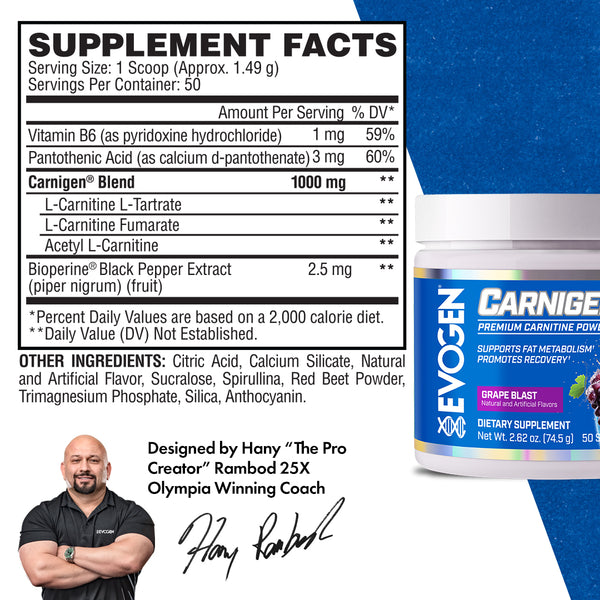 Evogen |  Carnigen | L-Carnitine blend Powder | Grape Blast Flavor | Supplement Facts Panel Image