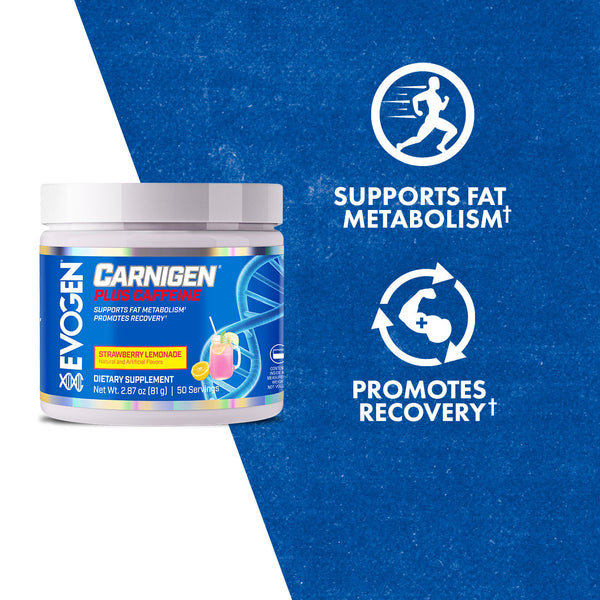 Evogen | Carnigen Plus Caffeine | Carnitine Powder | Strawberry Lemonade Flavor | Product Call Outs