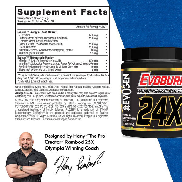 Evogen | Evoburn | Elite Thermogenic Powder | New Product | Victory Punch Flavor | Supplement Facts Panel Image