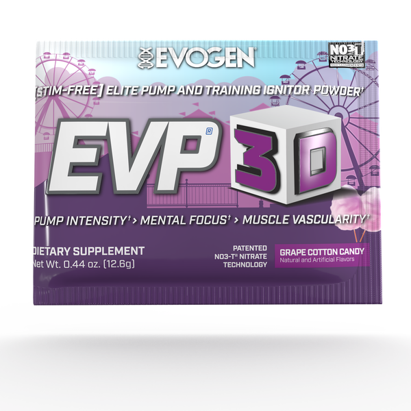 Evogen | EVP-3D Travel Packet | Non-Stimulant Pre-Workout Powder | Grape Cotton Candy Flavor | Front Image Packet