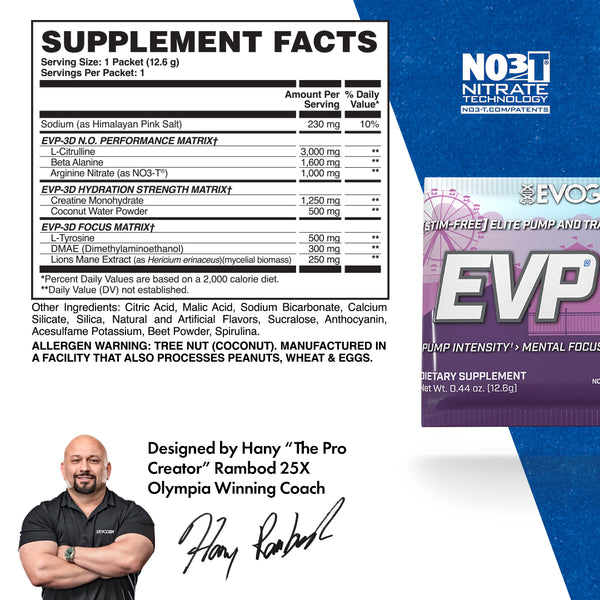 Evogen | EVP-3D Travel Packet | Non-Stimulant Pre-Workout Powder | Grape Cotton Candy Flavor | Supplement Facts Panel Image