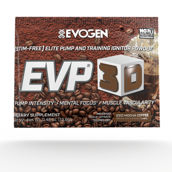 Evogen | EVP-3D Travel Packet | Non-Stimulant Pre-Workout Powder | Iced Mocha Coffee Flavor | Front Image Packet