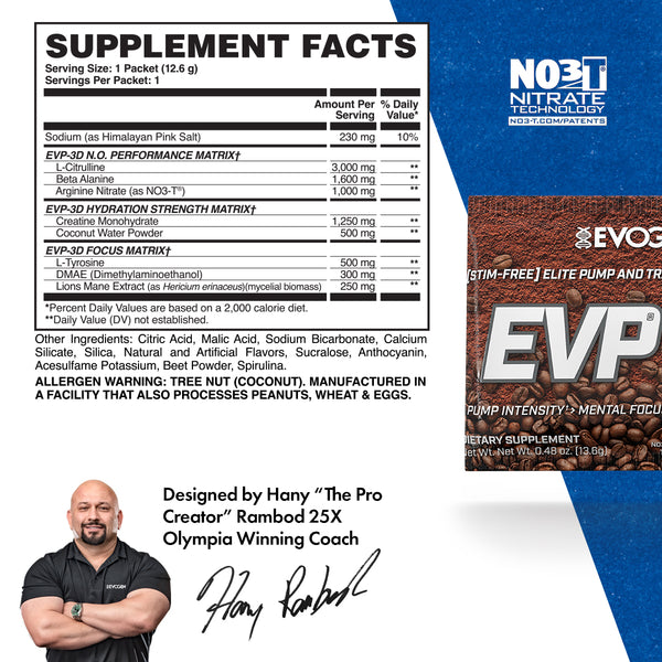 Evogen | EVP-3D Travel Packet | Non-Stimulant Pre-Workout Powder | Iced Mocha Coffee Flavor | Supplement Facts Panel Image