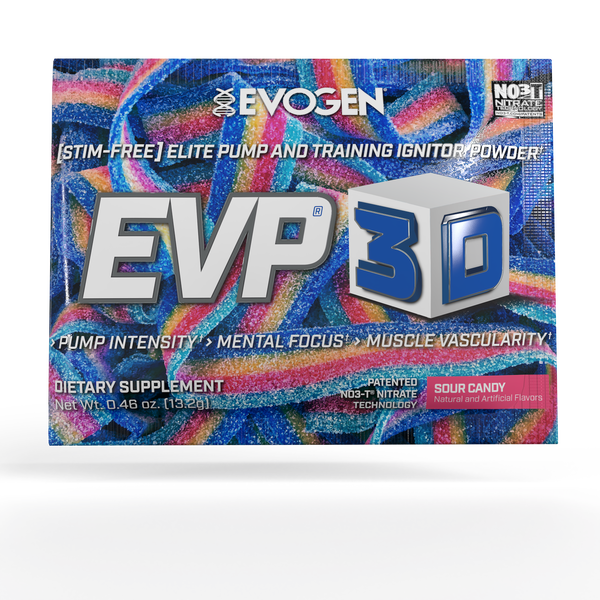 Evogen | EVP-3D Travel Packet | Non-Stimulant Pre-Workout Powder | Sour Candy Flavor | Front Image Packet