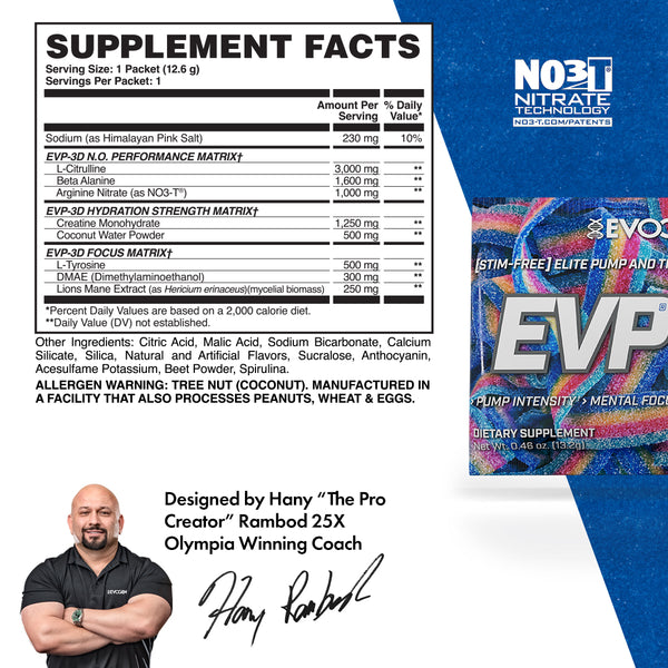 Evogen | EVP-3D Travel Packet | Non-Stimulant Pre-Workout Powder | Sour Candy Flavor | Supplement Facts Panel Image