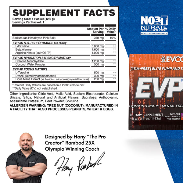 Evogen | EVP-3D Travel Packet | Non-Stimulant Pre-Workout Powder | Smashin' Passion Orange Flavor | Supplement Facts Panel Image