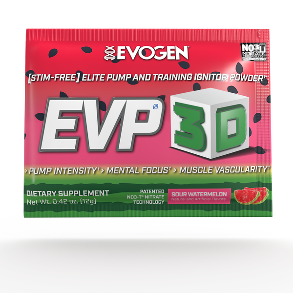 Evogen | EVP-3D Travel Packet | Non-Stimulant Pre-Workout Powder | Sour Watermelon Flavor | Front Image Packet