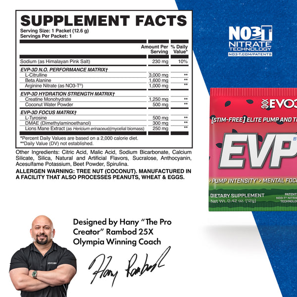 Evogen | EVP-3D Travel Packet | Non-Stimulant Pre-Workout Powder | Sour Watermelon Flavor | Supplement Facts Panel Image