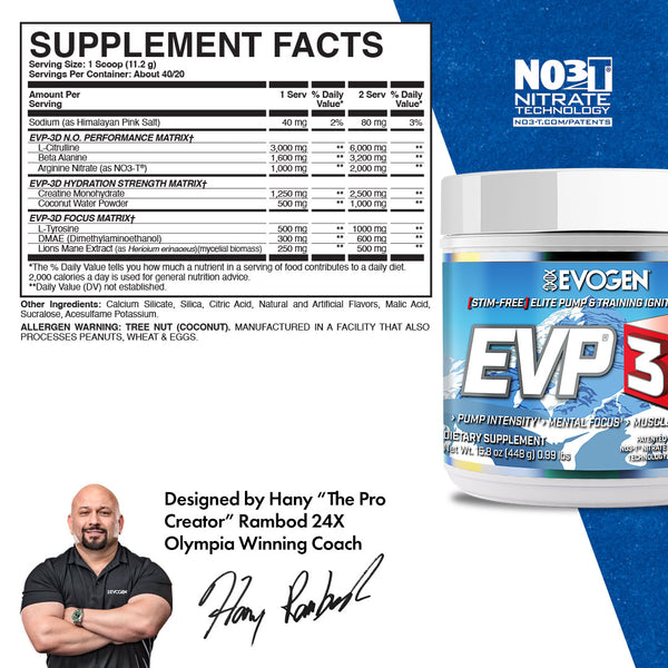 Evogen | EVP-3D | Non-Stimulant Pre-Workout Powder | Polar Cherry Frost Flavor | Supplement Facts Panel Image