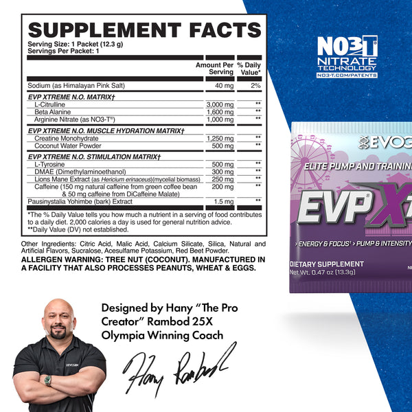 Evogen | EVP Xtreme N.O. Travel Packet | Pre-Workout Powder | Stimulant | Arginine Nitrate | Grape Cotton Candy Flavor | Supplement Facts Panel Image