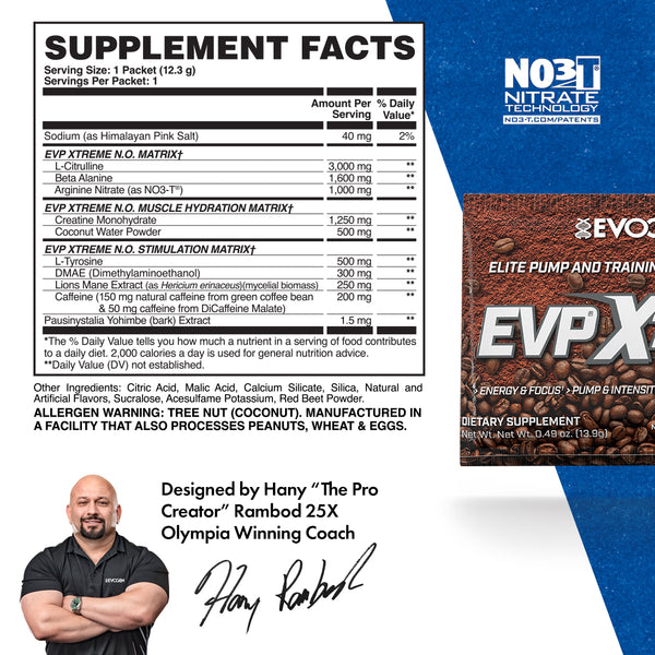 Evogen | EVP Xtreme N.O. Travel Packet | Pre-Workout Powder | Stimulant | Arginine Nitrate | Iced Mocha Coffee Flavor | Supplement Facts Panel Image