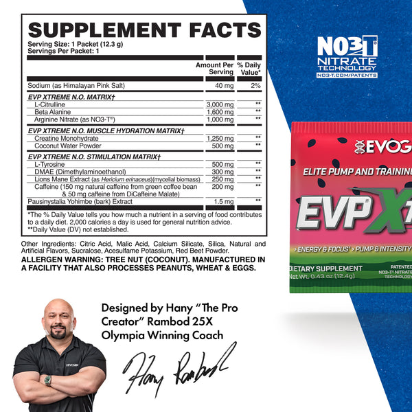 Evogen | EVP Xtreme N.O. Travel Packet | Pre-Workout Powder | Stimulant | Arginine Nitrate | Sour Watermelon Flavor | Supplement Facts Panel Image