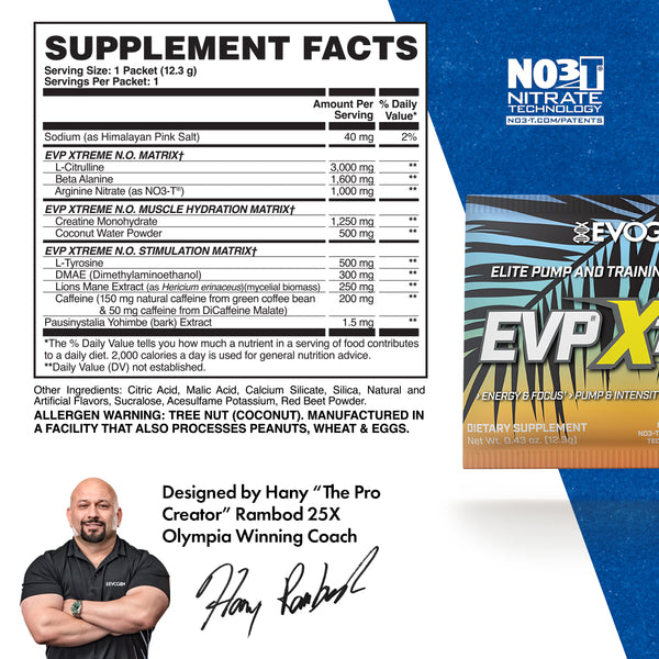 Evogen | EVP Xtreme N.O. Travel Packet | Pre-Workout Powder | Stimulant | Arginine Nitrate | Tropic Thunder Flavor | Supplement Facts Panel Image