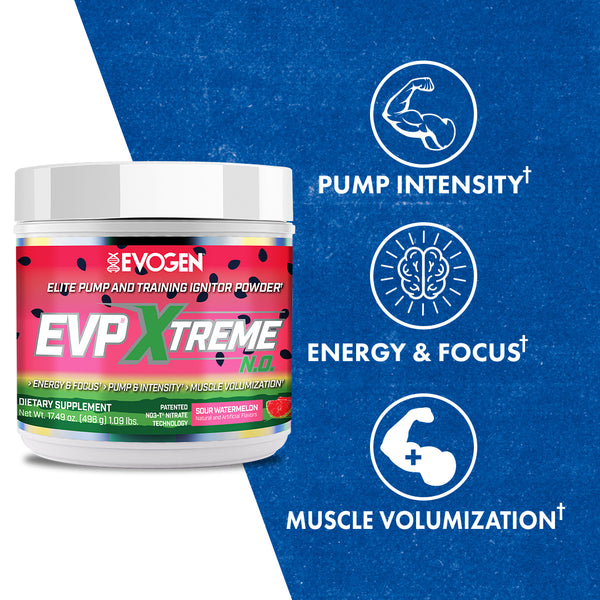 Evogen | EVP Xtreme N.O. | Pre-Workout Powder | Stimulant | Arginine Nitrate | Sour Watermelon Flavor | Product Callout Image