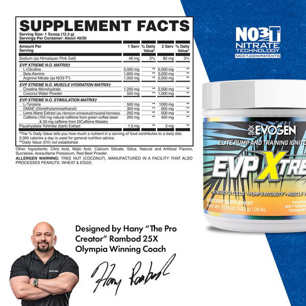 Evogen | EVP Xtreme N.O. | Pre-Workout Powder | Stimulant | Arginine Nitrate | Tropic Thunder Flavor | Supplement Facts Panel Image