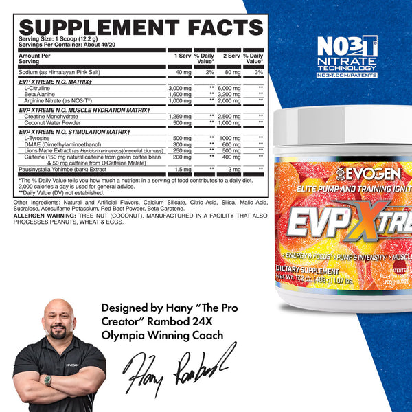 Evogen | EVP Xtreme N.O. | Pre-Workout Powder | Stimulant | Arginine Nitrate | Peach Rings Flavor | Supplement Facts Panel Image