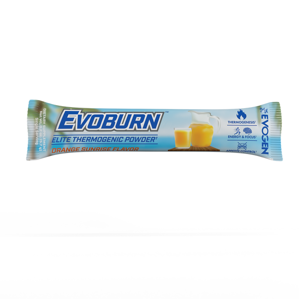 Evogen | Evoburn Travel Packet | Elite Thermogenic Powder | Orange Sunrise Flavor | Front Image Packet