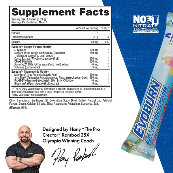 Evogen | Evoburn Travel Packet | Elite Thermogenic Powder | Strawberry Lemonade Flavor | Supplement Facts Panel Image 