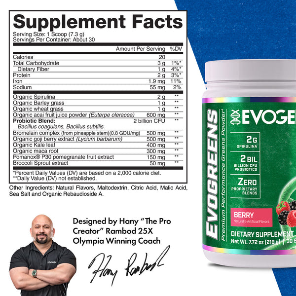 Evogen | Evogreens | Premium Performance Greens Superfood Powder | Berry Flavor | Supplement Facts Panel Image