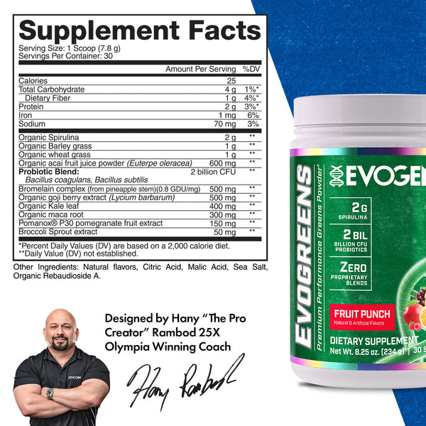 Evogen | Evogreens | Premium Performance Greens Superfood Powder | Fruit Punch Flavor | Supplement Facts Panel Image