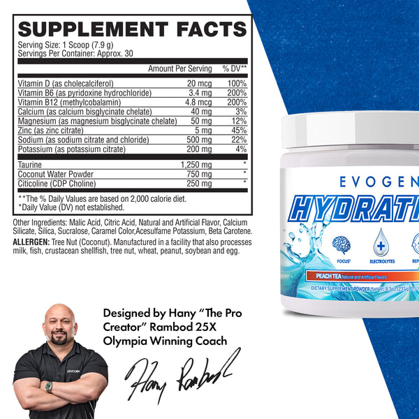 Evogen | Hydration | Full Spectrum Electrolyte Powder | New Product | Tea Flavor | Supplement Facts Panel 