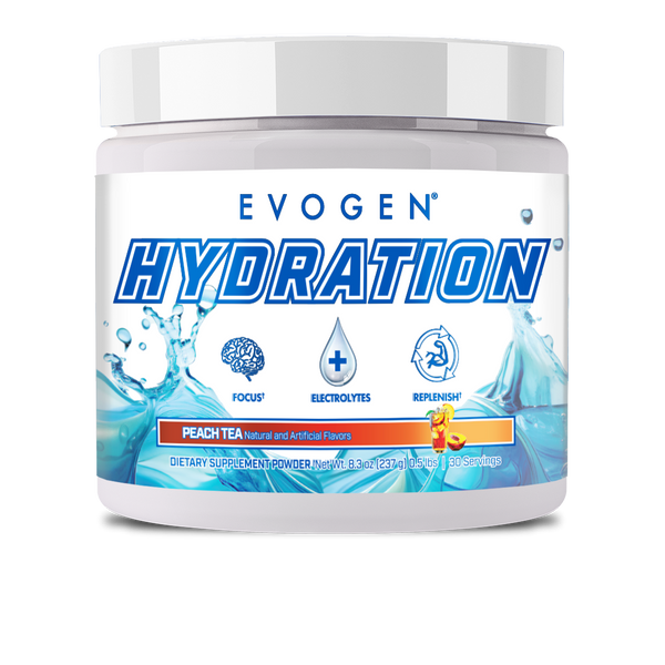 Evogen | Hydration | Full Spectrum Electrolyte Powder | New Product | Peach Tea Flavor | Front Image bottle