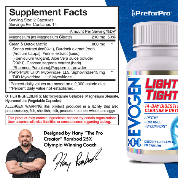 Evogen | Light & Tight | 14-Day Digestive Cleanse & Detox | Capsules | Supplement Facts Panel Image