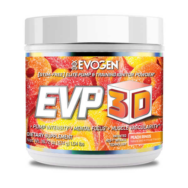 Evogen | EVP-3D | Non-Stimulant Pre-Workout Powder | Peach Rings Flavor | Front Image Bottle