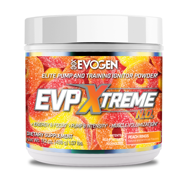 Evogen | EVP Xtreme N.O. | Pre-Workout Powder | Stimulant | Arginine Nitrate | Peach Rings Flavor | Front Image Bottle