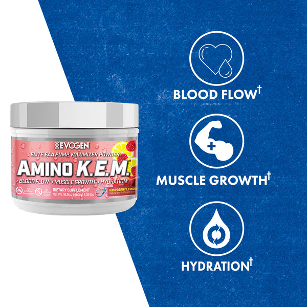 Evogen | Amino K.E.M. | Elite EAA Pump Volumizer Powder | Naturally Sweetened | Raspberry Lemonade Flavor | Product Callouts