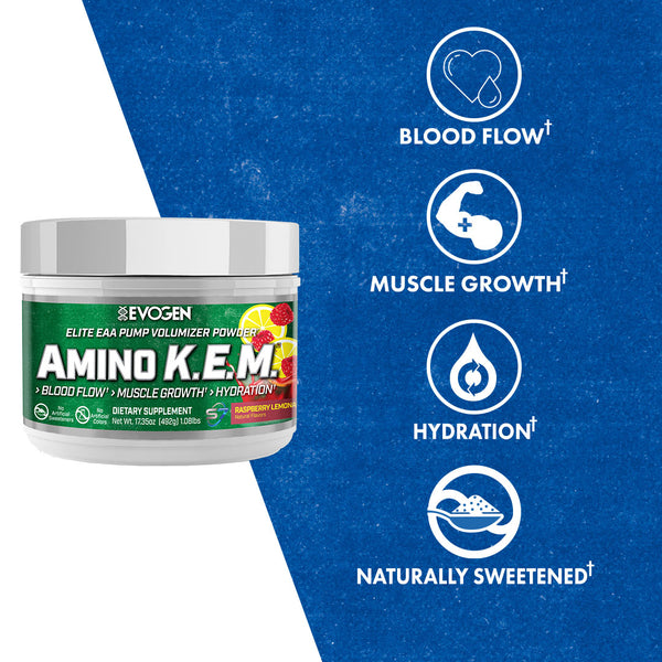 Evogen | Amino K.E.M. | Elite EAA Pump Volumizer Powder | Naturally Sweetened | Raspberry Lemonade Flavor | Product Callouts